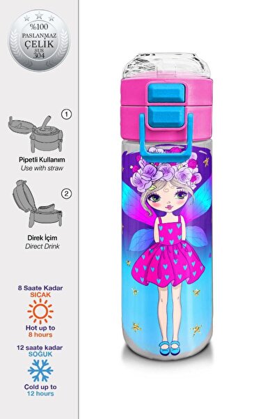 Coral High Kids Pembe Mavi Peri Desenli Pipetli ve Direkt İçim Çelik Termos 5...