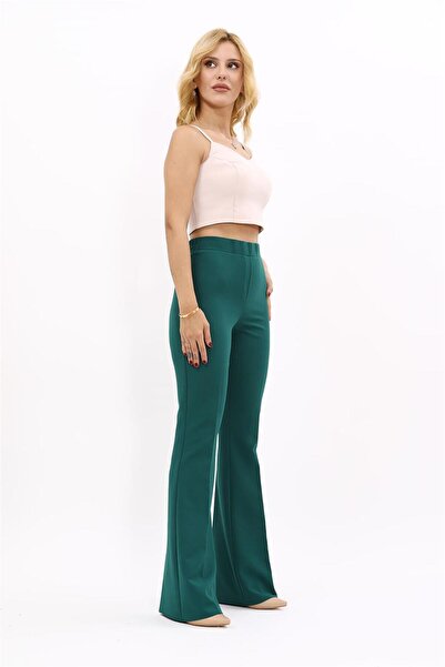ÖNDER ÖZSOY بنطلون نسائي مريح واسع الأرجل بخصر مطاطي - زمرد