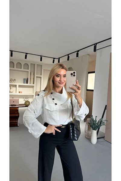 Sezgi Tekin Button Detail Striped Ecru Design Shirt