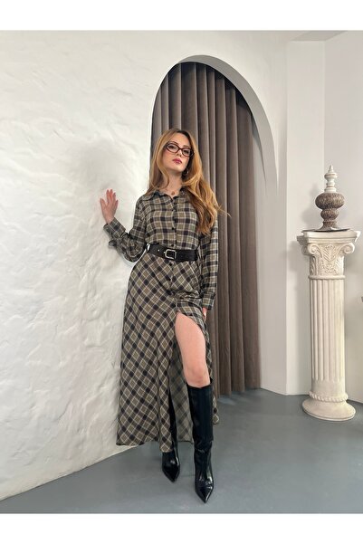 Joi Women's Plaid Patterned Belted Buttoned Long Dress