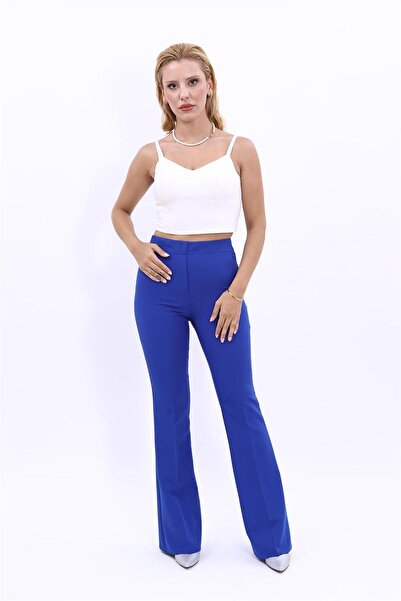 ÖNDER ÖZSOY بنطلون نسائي مريح واسع الأرجل بخصر مطاطي - ساكس