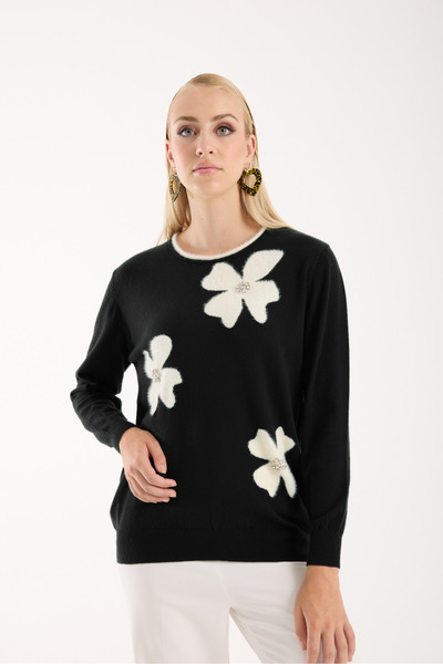Moda Days Stone Detailed Floral Appliqued Contrast Piped Crew Neck Knitwear B...