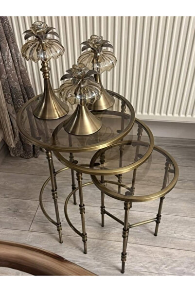 Tutku Torna Detaylı Eskitme Pirinç 3'lü Yuvarlak Zigon Sehpa Bronz Cam