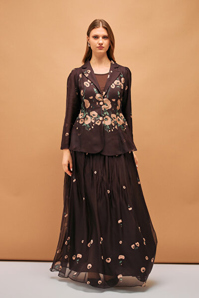 İnce Çiçek desenli Bluz Ceket ve Uzun Etek Takım