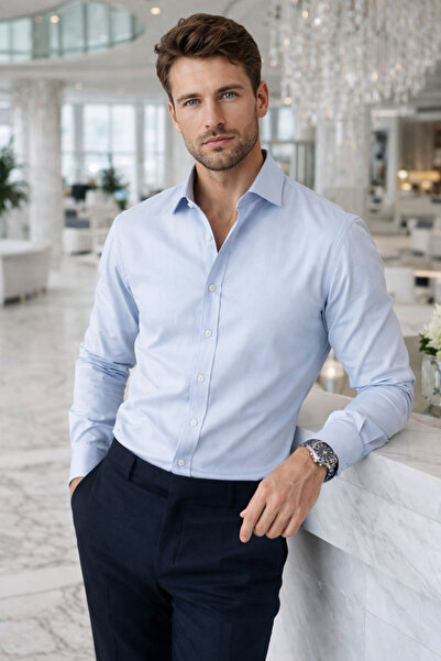 Rich قميص رجالي طويل الأكمام من القطن بنسبة 100% باللون الأزرق الجليدي عالي ا...