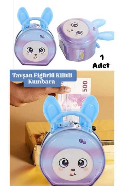 ÇEÇEN HOME Mavi Tavşan Figürlü Kilitli Kumbara Sevimli Hayvan Şekilli Çantalı...