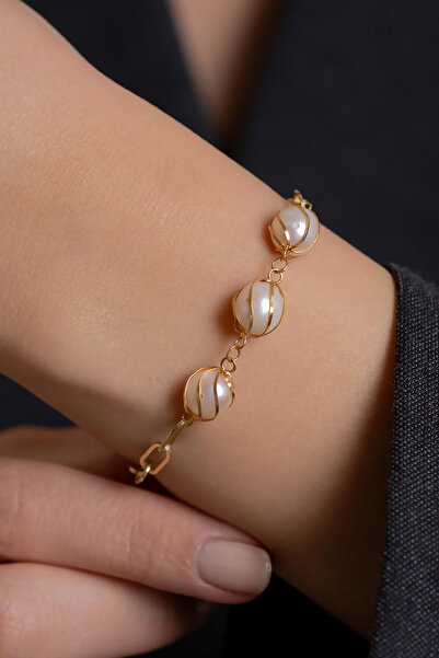 Bayar Gold 14 Ayar Altın İncili Ataş Bileklik-TK