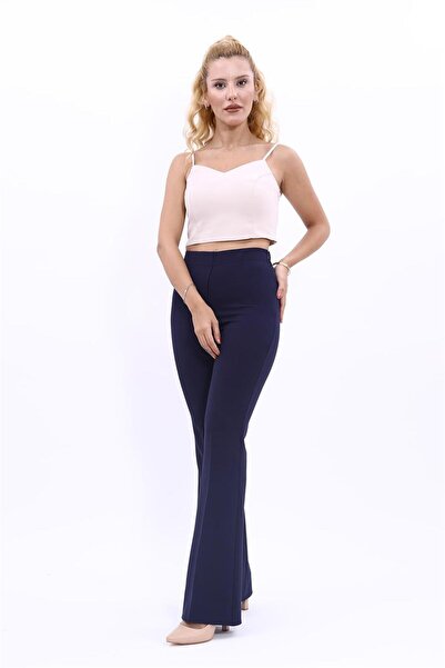 ÖNDER ÖZSOY بنطلون نسائي مريح واسع الأرجل بخصر مطاطي - أزرق داكن