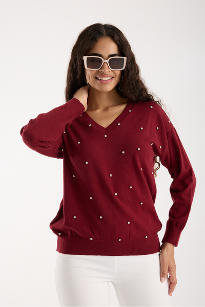 Moda Days Stone Detailed V-Neck Knitwear Blouse