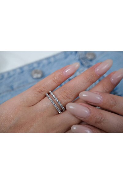 ATELİER TUĞBA Yzk164 Zircon Stone Double Row Silver Adjustable Ring