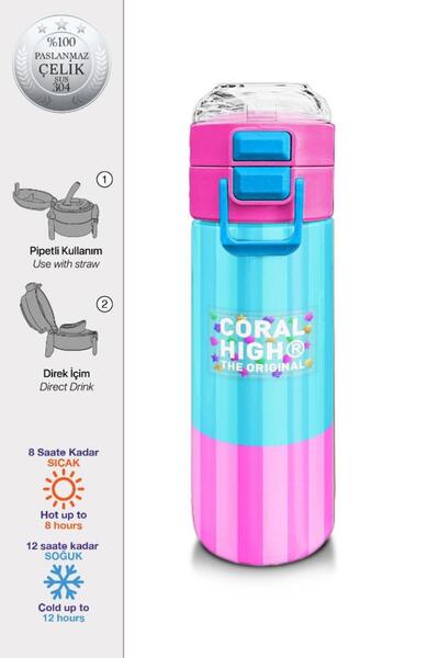 Coral High Kids Renkli Çizgili Desenli Pipetli ve Direkt İçim Çelik Termos 50...