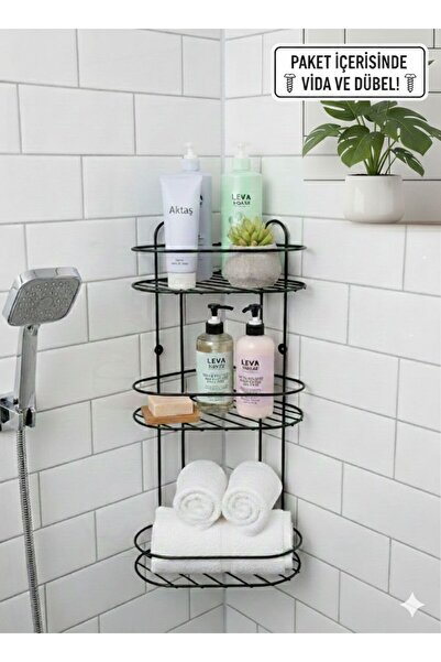 aktaş home 3 Katlı Metal Banyo ve Mutfak Düzenleyici Köşe Rafı 50 cm Vidalı -...