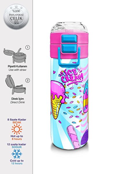 Coral High Kids Mixed Dondurma Desenli Pipetli ve Direkt İçim Çelik Termos 50...
