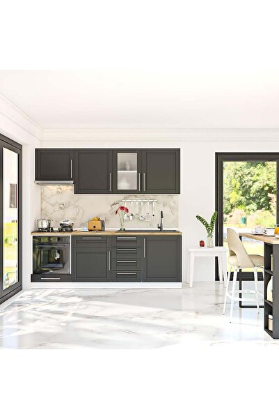 DEKOREX Pia Antrasit 225 Cm Antrasit Aspiratör Ve Fırın Modüllü Meşe Tezgahlı...