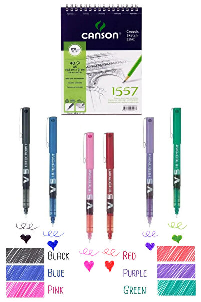 arttone Canson A5 120 Gr 40 Sheets Pilot V5 Hi-Tecpoint Needle Tip Pen 0.5 mm...