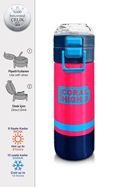 Coral High Kids Neon Mercan Lacivert Pipetli ve Direkt İçim Çelik Termos 500 ...