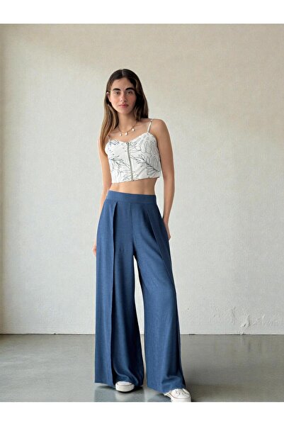 Retrobird Yırtmaç Detaylı Mavi Wide-Leg Kadın Pantolon Etek