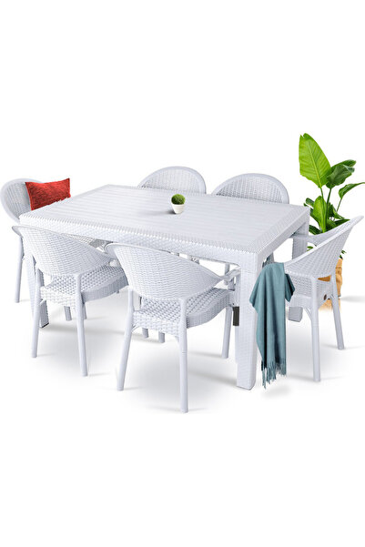 NOBLE DESİNG Bambu Pro 80x140cm Rattan Bahçe Balkon Masa Takımı 6 Kişilik Cam...