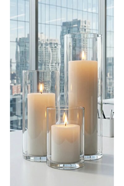 Paşa Cam Giant 3-Piece Cylinder Glass Vase & Cream Color Vanilla Scented Cand...