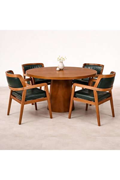 larissa design masa takımı ahşap kaplama açık ceviz renk 4 adet sandalye 120 çap