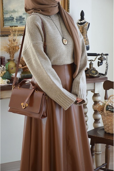 EMİNOS BUTİK A-Line Leather Skirt Tan