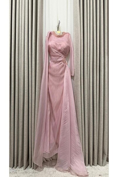 KALDE Soft crinkle long dress with French sleeves and a halter neckline