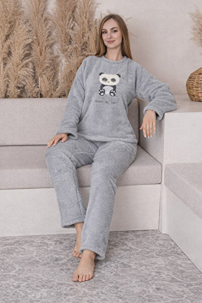 CHARME Noveya Panda Figürlü Ekru Kışlık Peluş Kadın Pijama Takımı – Yumuşak D...