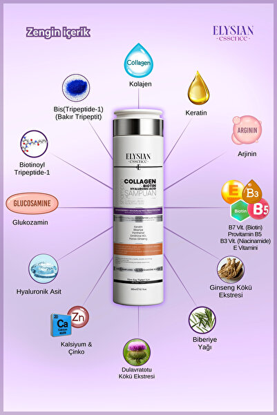 Elysian Essence Kolajen (Collagen) & Biotin & Hyaluronic Acid Şampuanı | Copper Peptidli Dolgunlaştırıcı Bakım 300ml