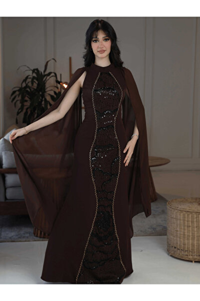 Nice Model Brown Sequin Evening Dress with Chiffon Cape Long Formal Gown for ...