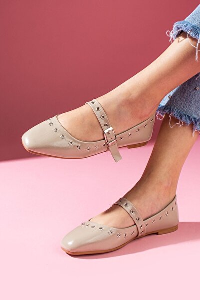 FUGA MODA Vento Mink Skin Silver Ring Detailed Buckle Belt Band Ballerina Flats