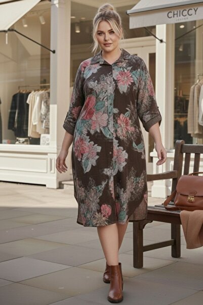 Chiccy Italian Large Size Brown Shirt Collar Long Sleeve Allover B Printed Ve...