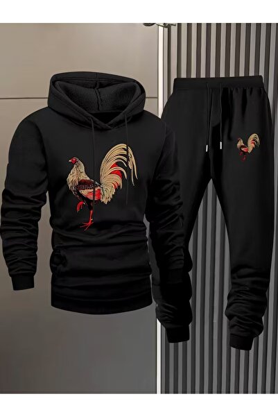 Massgai Unisex Horoz Rooster Printed Hooded Oversized Bottom-Top Set Jogger C...