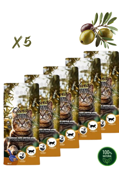 happycatlitter kedi kumu topaklanan zeytin çekirdeği peleti 10 LT x 5 adet (t...