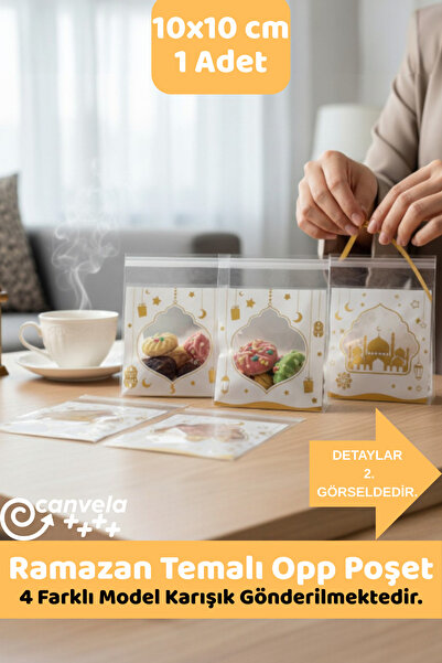 CANVELA 1 Adet Ramazan Temalı 10x10 Cm Opp Yapışkanlı Poşet 4 Farklı Model Ka...