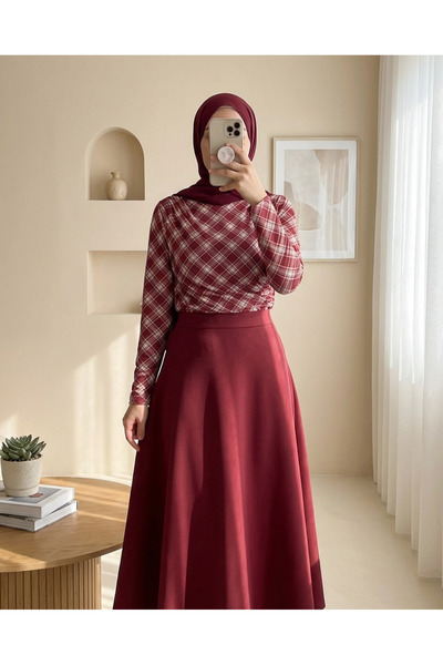 Modamorfo Plaid Patterned Blouse with Gathered Sides - Burgundy