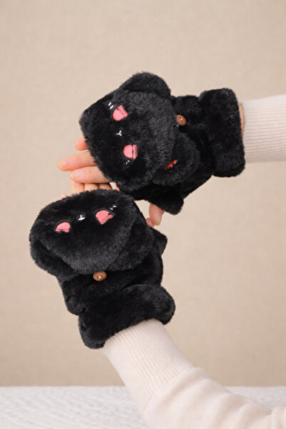 MD Moda Accessories Sevimli Ayıcık Figürlü Peluş Parmaksız Eldiven | Yumuşak,...