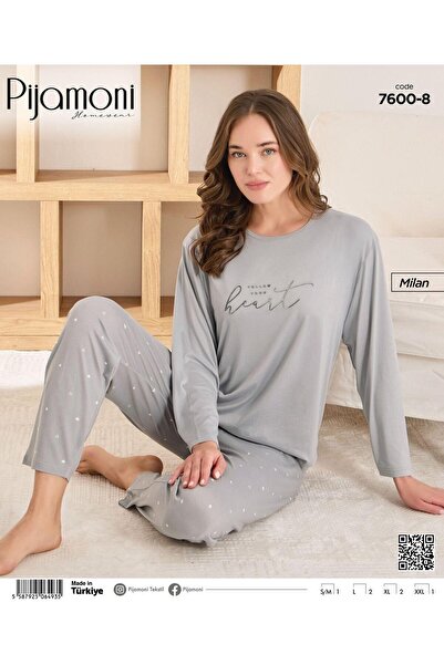 Pijamoni Kadın Milan Kumaş Uzun Kollu Bisiklet Yaka Pijama Takımı