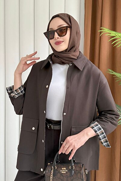 Modaensarbutik Ekose Garnili Ceket-KAHVERENGİ