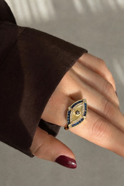 Bubbleatelier خاتم ذهبي قابل للتعديل مرصع بحجر العين الزرقاء