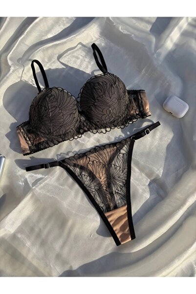 RUYAZ Black Lace Push up Padded Bra Panty Set