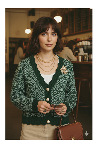Namaste Vintage Stylish Buttoned Vintage Model Cardigan with Green Color Pattern