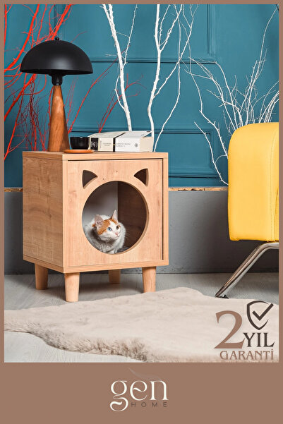 GenPlus Ahşap Kedi Evi Natürel - Kapaklı - Mdf