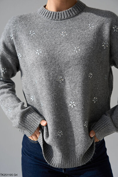 Myra Floral Stone Knitwear Gray Sweater