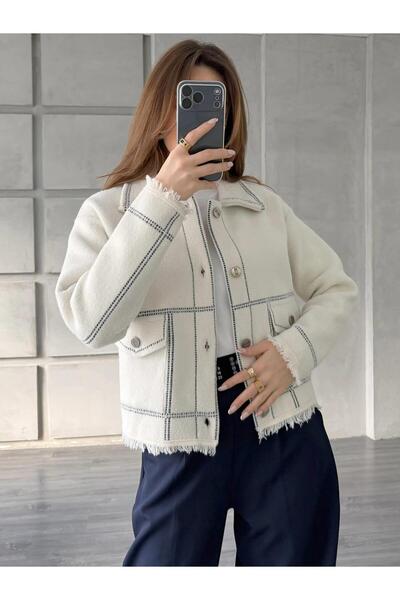 Coral Nokta Şeritli Gömlek Yaka Ceket 140394 Vanilya - Siyah