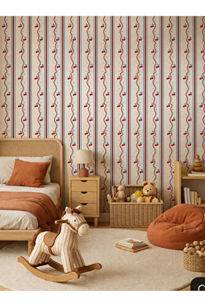 Tasarım Kirazlar ve Çizgiler Retro Görünüm Şeritler Konsept Bebek & Çocuk Oda...