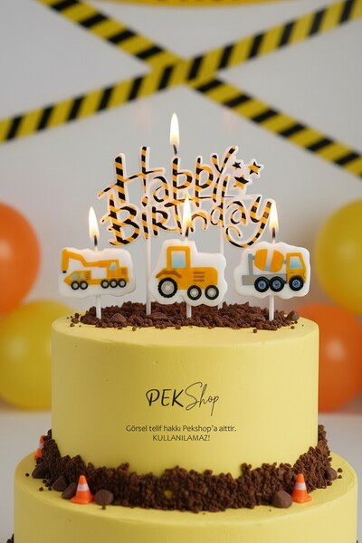 PEKSHOP İnşaat Tema Happy Birthday Mum Seti 4lü İnşaat Tema Doğum Günü Pasta ...