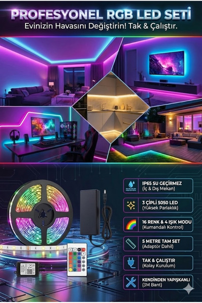 nelerbulurum YÜKSEK KALİTELİ 5 METRE 16 RENK SU GEÇİRMEZ 300 LEDLİ SİLİKONLU ...