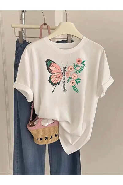 Stendhal تي شيرت برقبة دائرية كبيرة الحجم مطبوع عليه BELIEVE IN YOURSELF