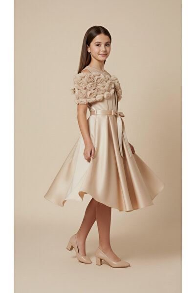 melek golden Girl's Floral Detailed Evening Dress – Stylish Design for Specia...