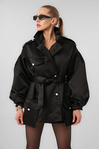 PATRONİZE Siyah Kruvaze Yaka Astarlı Balon Kol Kuşaklı Mont